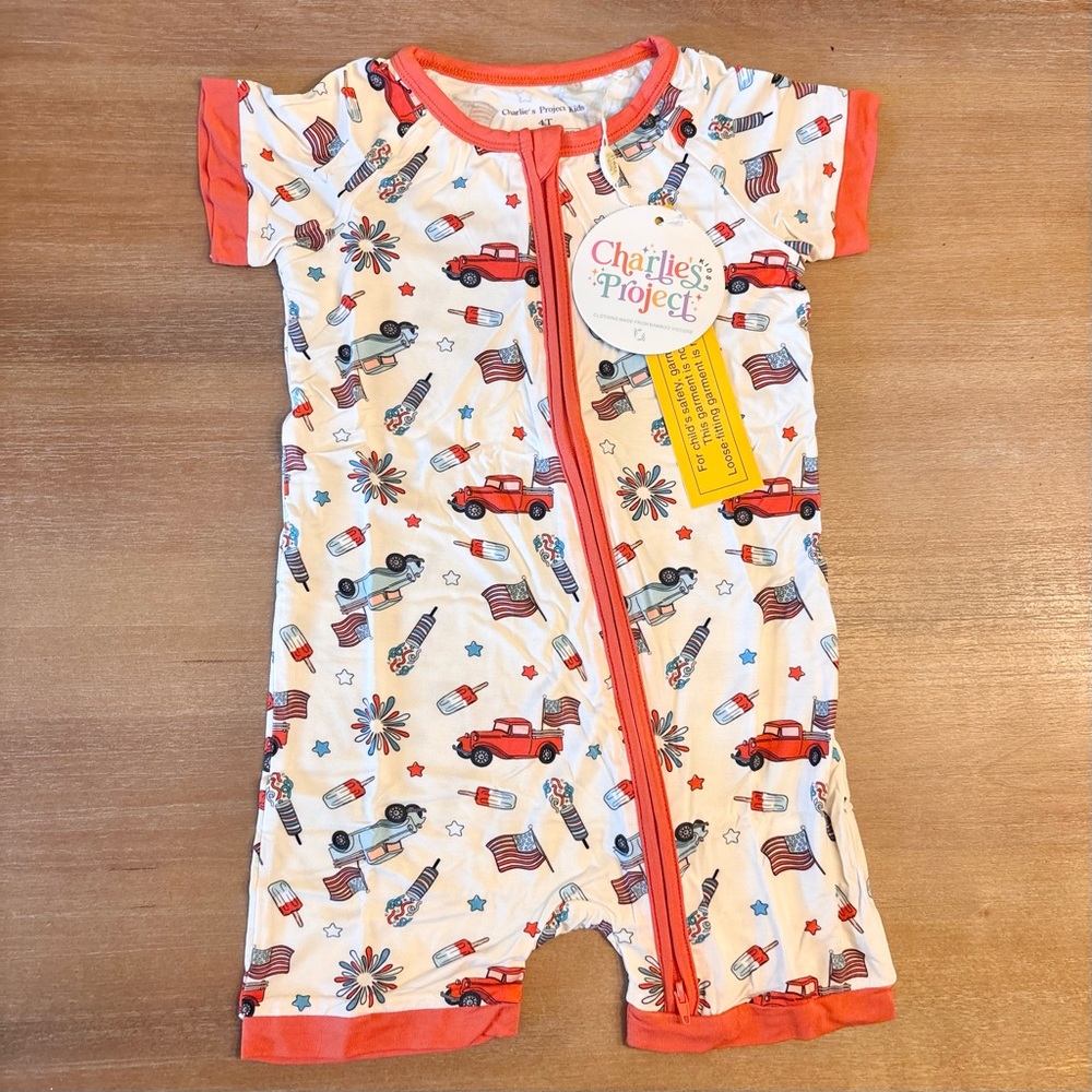 Charlie’s Project Bamboo Short Sleeve Zip  Romper 4th of July, Americana, 4T